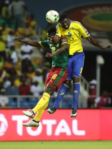 Bruno Ecuele Manga of Gabon (r) wins header against Robert Ndip Tambe of Cameroon during the 2017 African Cup of Nations Finals Afcon football match between Cameroon and Gabon at the Libreville Stadium in Gabon on 22 January 2017 ©Gavin Barker/BackpagePix