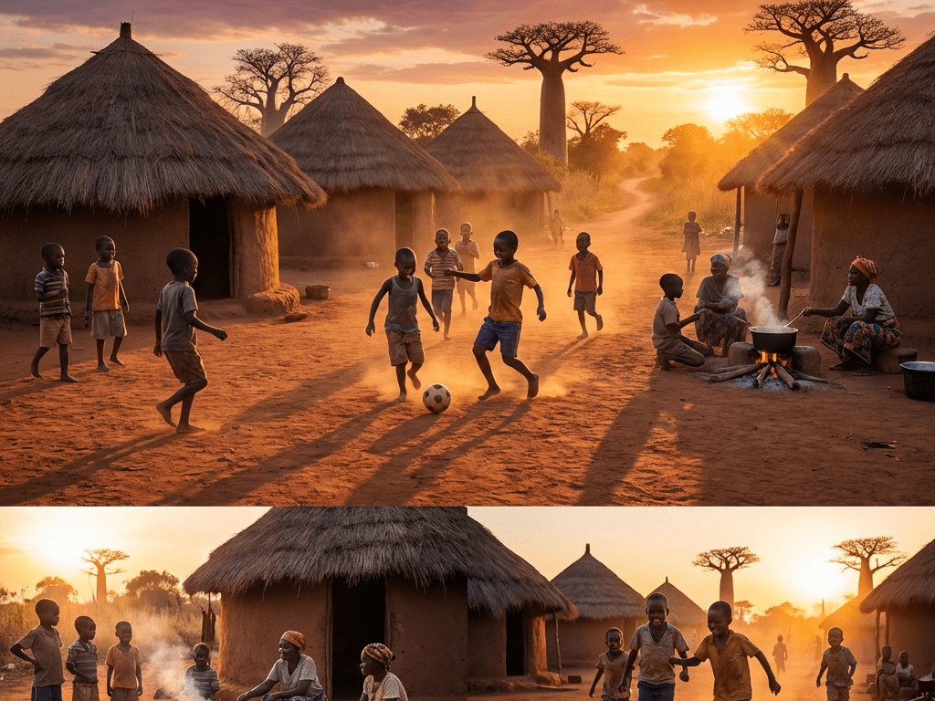 Children playing soccer in a village of thatched huts and baobab trees at sunset.
