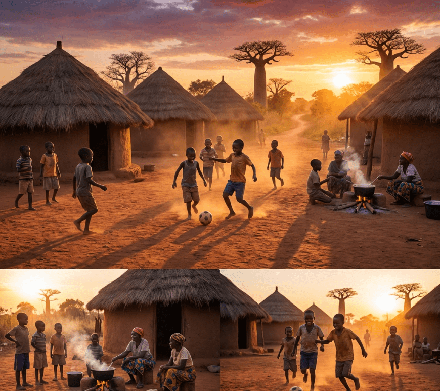 Children playing soccer in a village of thatched huts and baobab trees at sunset.