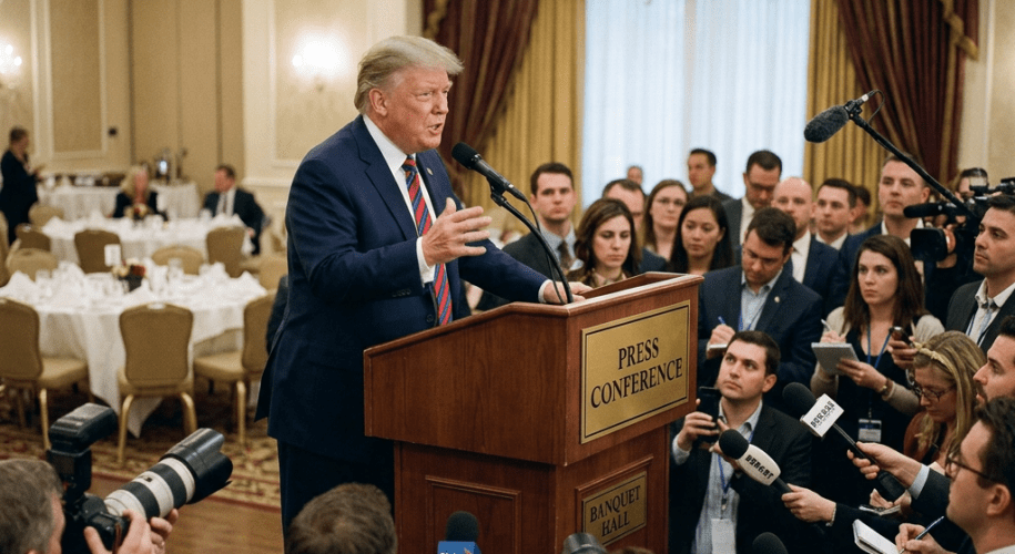 Politician speaking at press conference podium surrounded by reporters and photographers