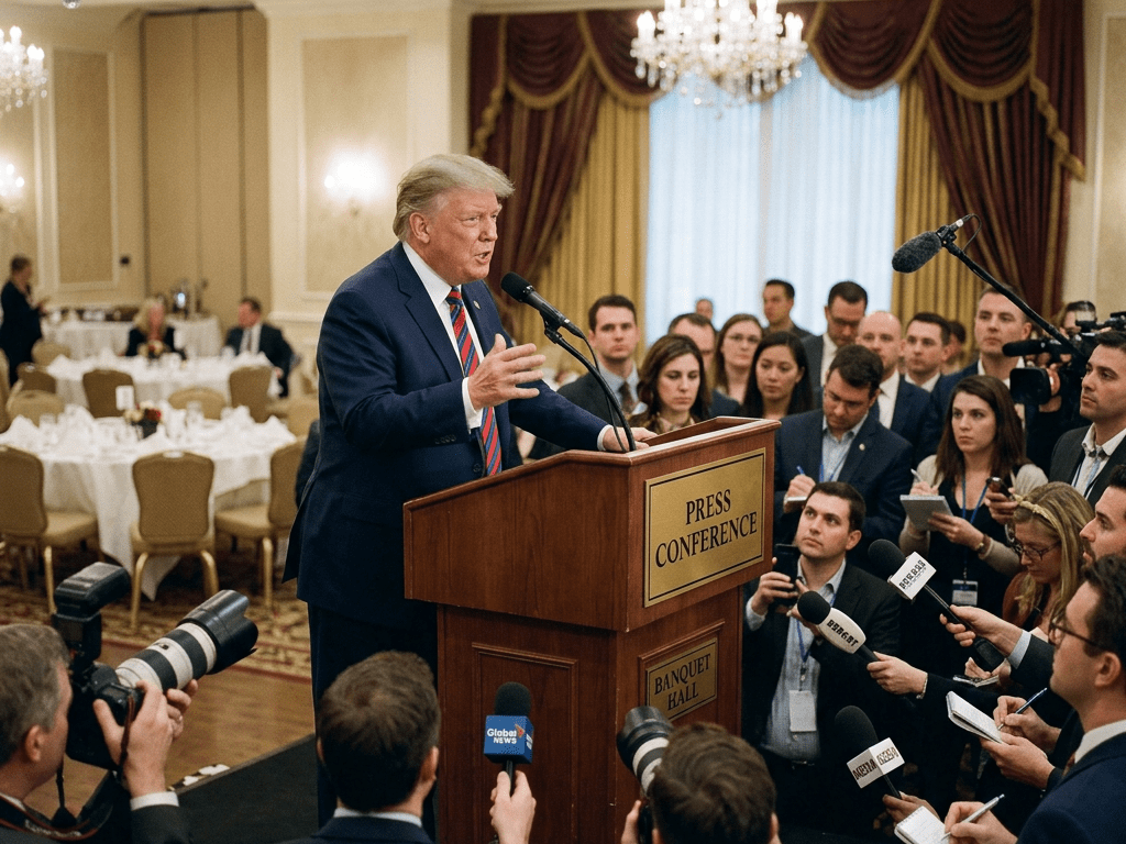 Politician speaking at press conference podium surrounded by reporters and photographers