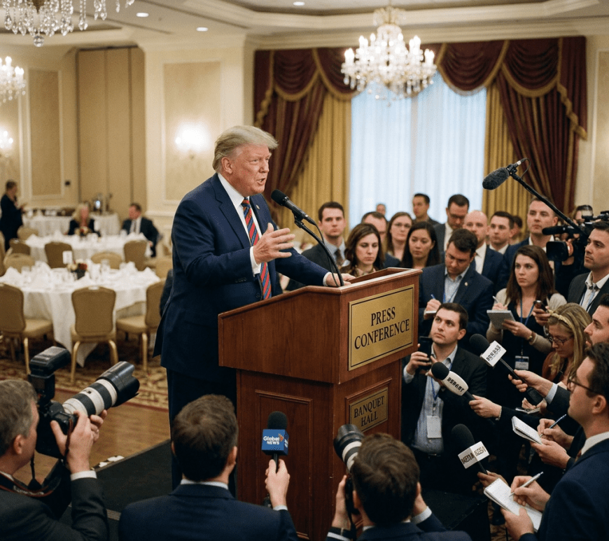 Politician speaking at press conference podium surrounded by reporters and photographers