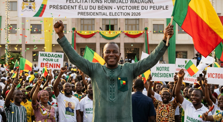 Romuald Wadagni raising hands and holding Benin flag with crowd celebrating behind