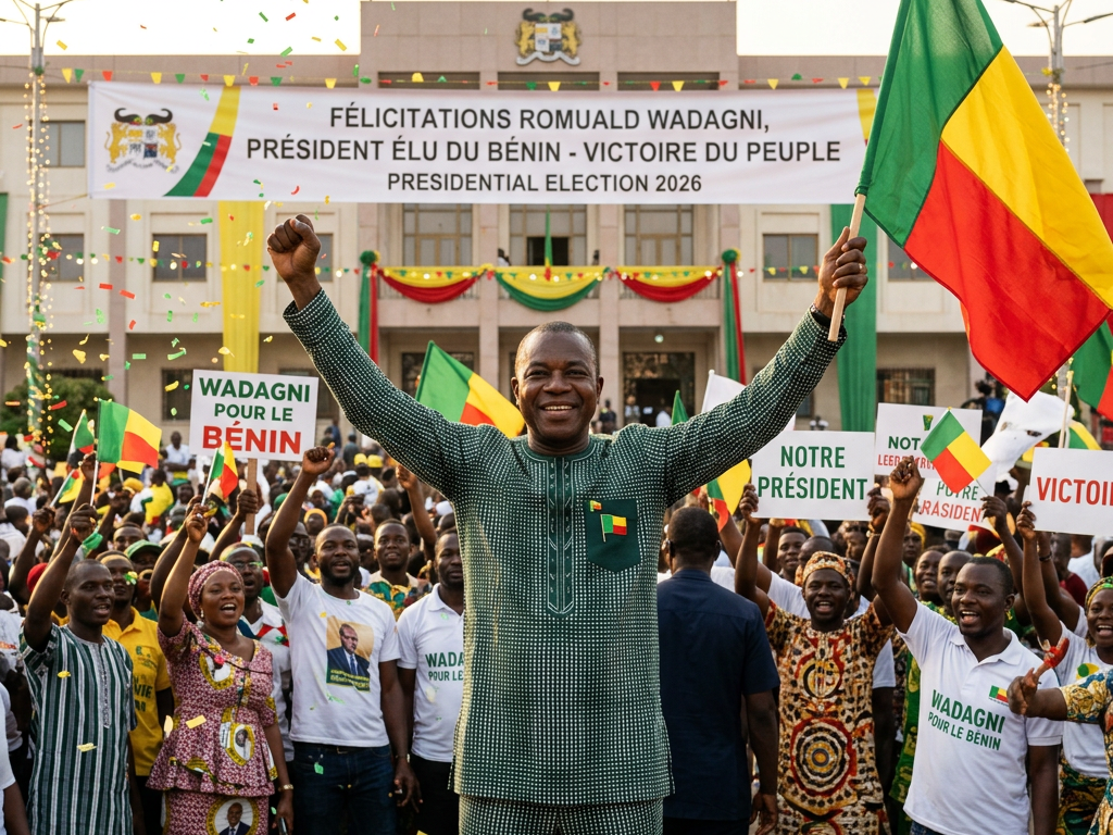 Romuald Wadagni raising hands and holding Benin flag with crowd celebrating behind