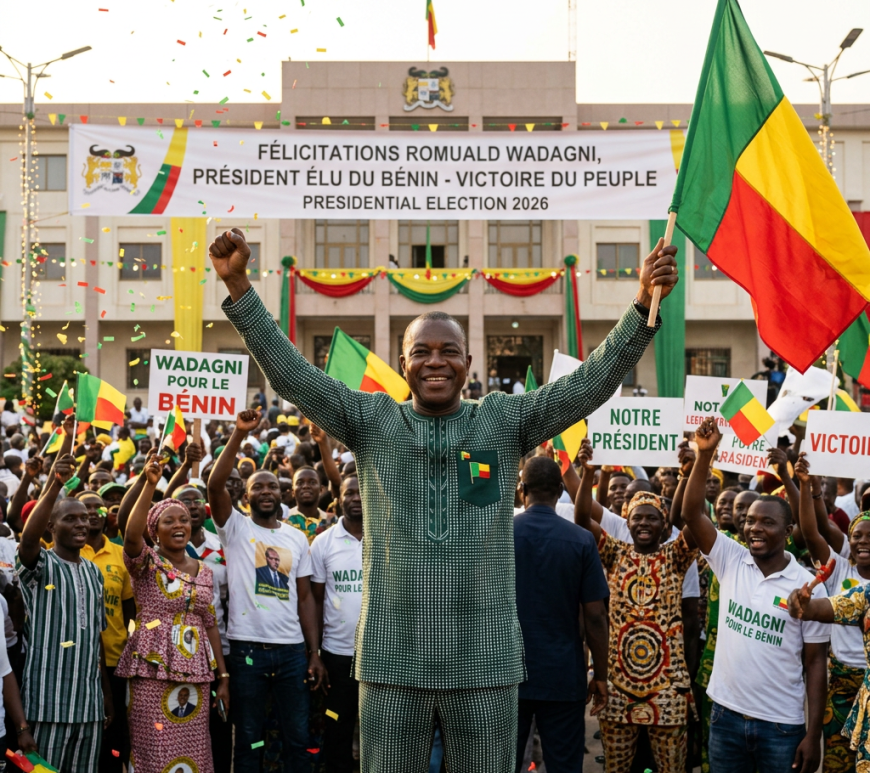 Romuald Wadagni raising hands and holding Benin flag with crowd celebrating behind