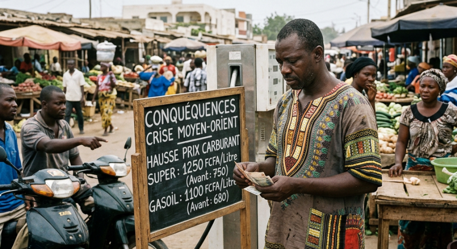 Man counting money beside sign listing fuel price increases due to Middle East crisis in market