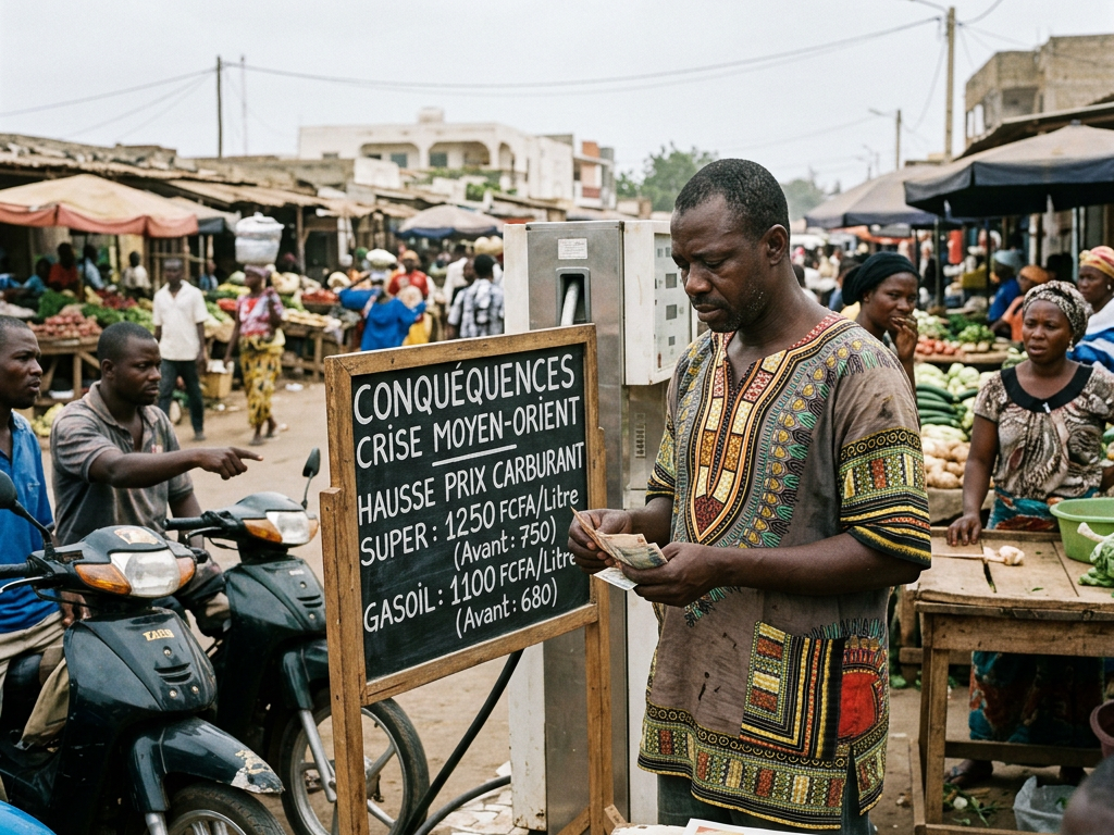 Man counting money beside sign listing fuel price increases due to Middle East crisis in market