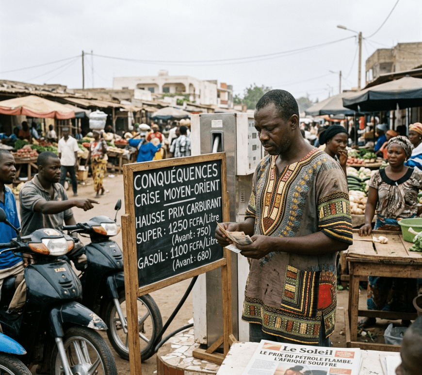 Man counting money beside sign listing fuel price increases due to Middle East crisis in market