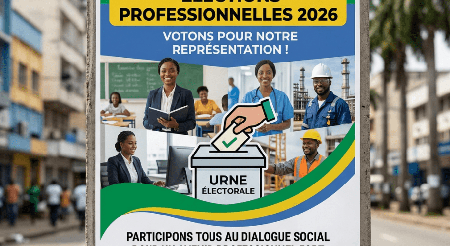 Poster for Gabon's 2026 professional elections with diverse professionals and voting message