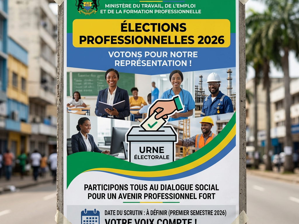 Poster for Gabon's 2026 professional elections with diverse professionals and voting message
