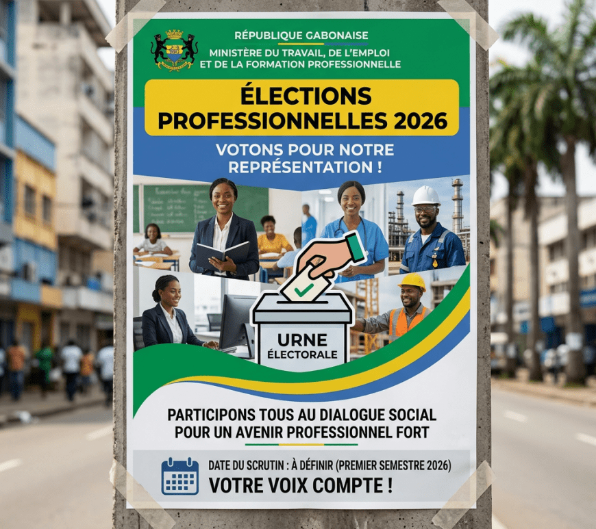 Poster for Gabon's 2026 professional elections with diverse professionals and voting message