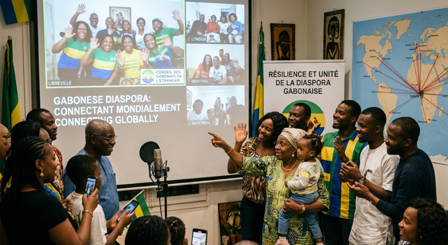 Group of Gabonese diaspora members celebrating and engaging in a virtual meeting