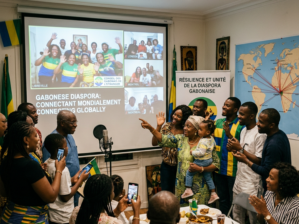 Group of Gabonese diaspora members celebrating and engaging in a virtual meeting