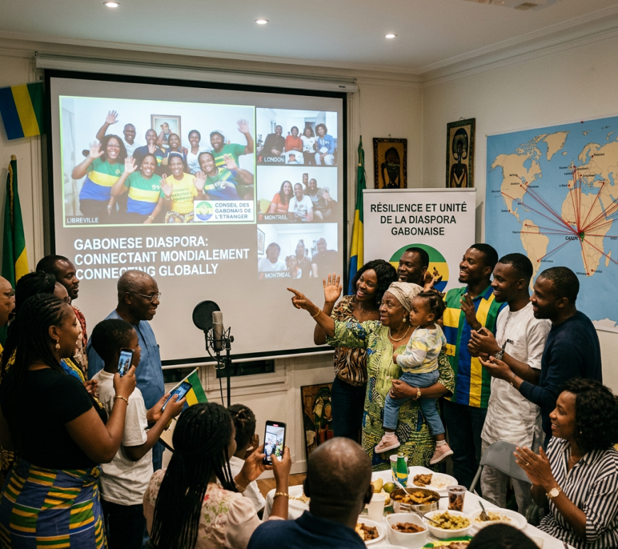 Group of Gabonese diaspora members celebrating and engaging in a virtual meeting