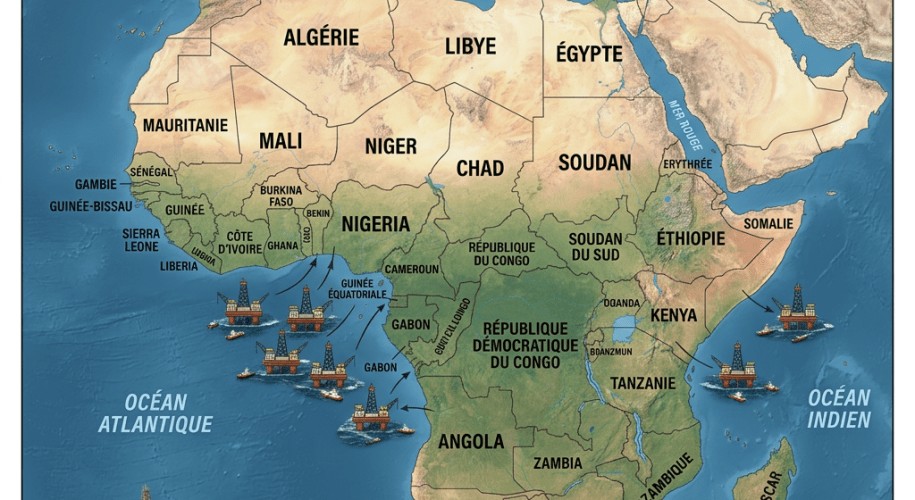 Map of Africa highlighting offshore oil platforms in the Atlantic and Indian Oceans