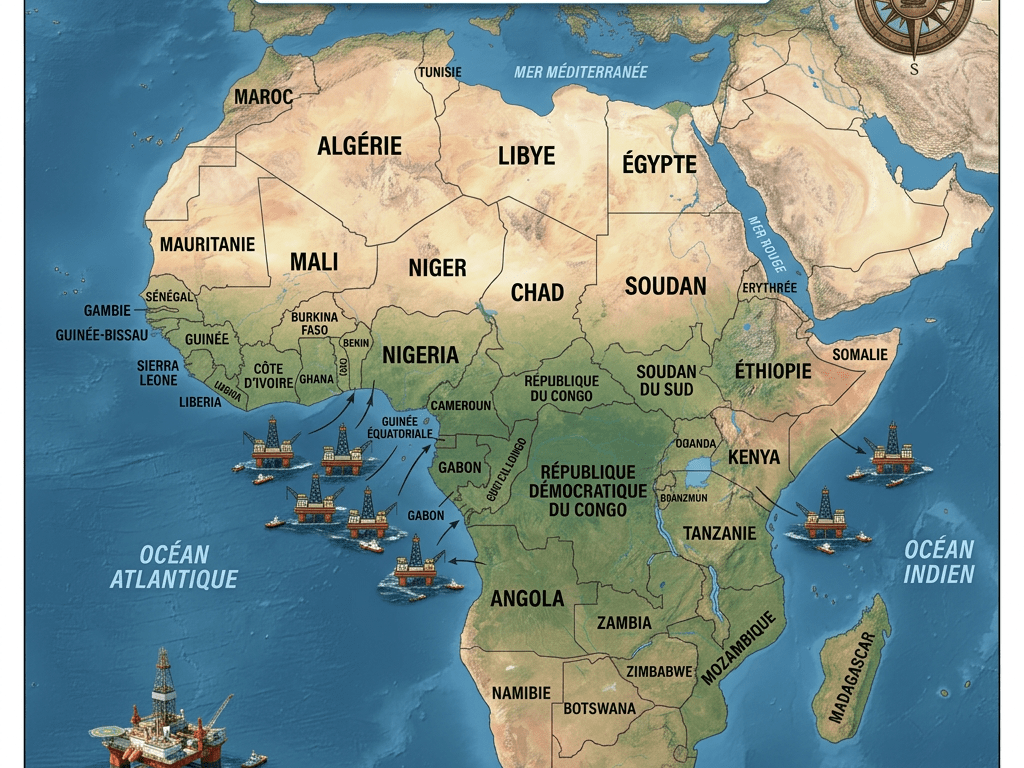 Map of Africa highlighting offshore oil platforms in the Atlantic and Indian Oceans