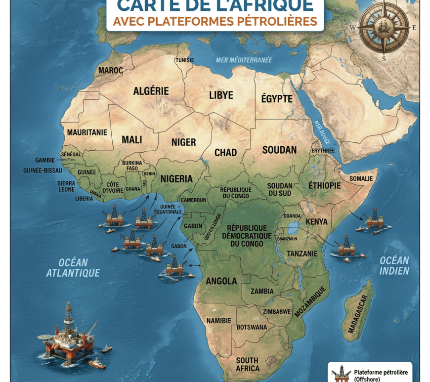 Map of Africa highlighting offshore oil platforms in the Atlantic and Indian Oceans