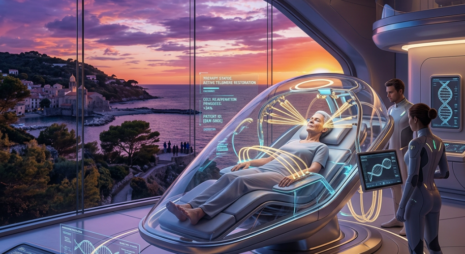 Patient receiving gene therapy in advanced medical pod with doctors monitoring holographic DNA displays