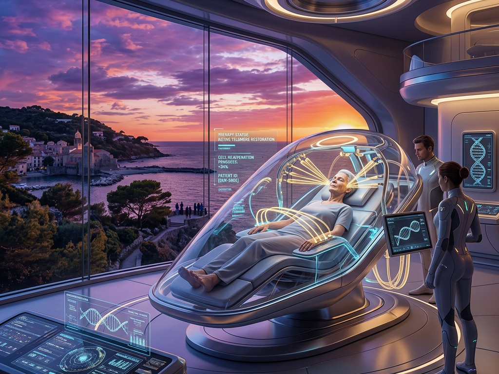 Patient receiving gene therapy in advanced medical pod with doctors monitoring holographic DNA displays