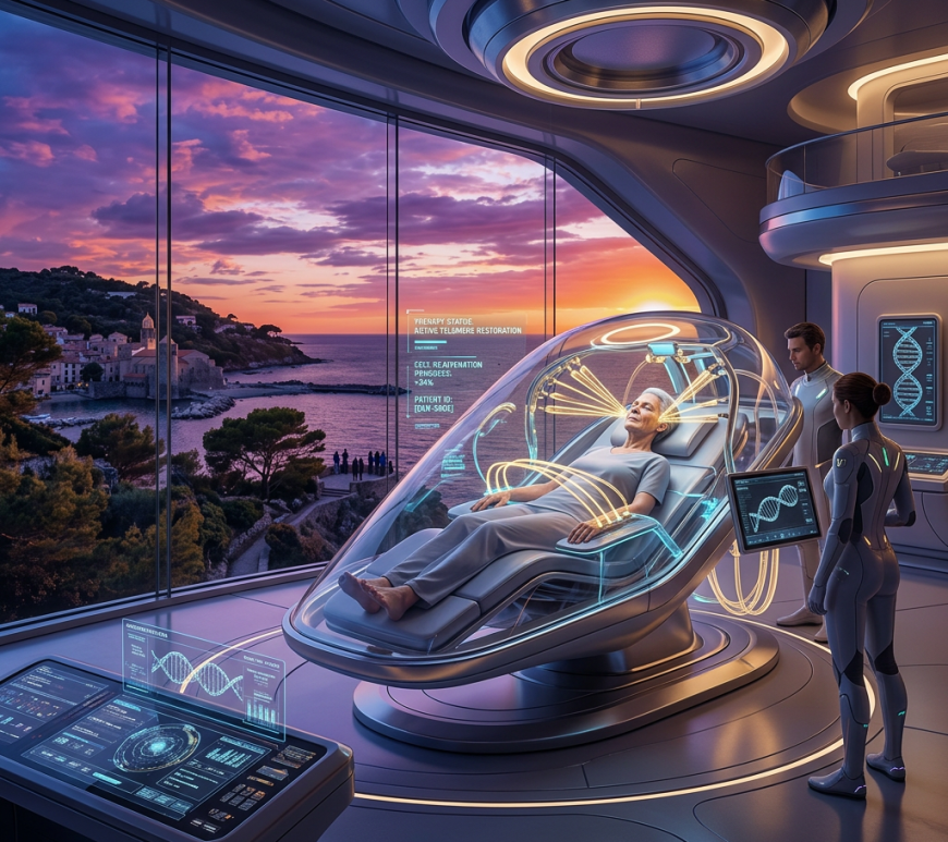 Patient receiving gene therapy in advanced medical pod with doctors monitoring holographic DNA displays