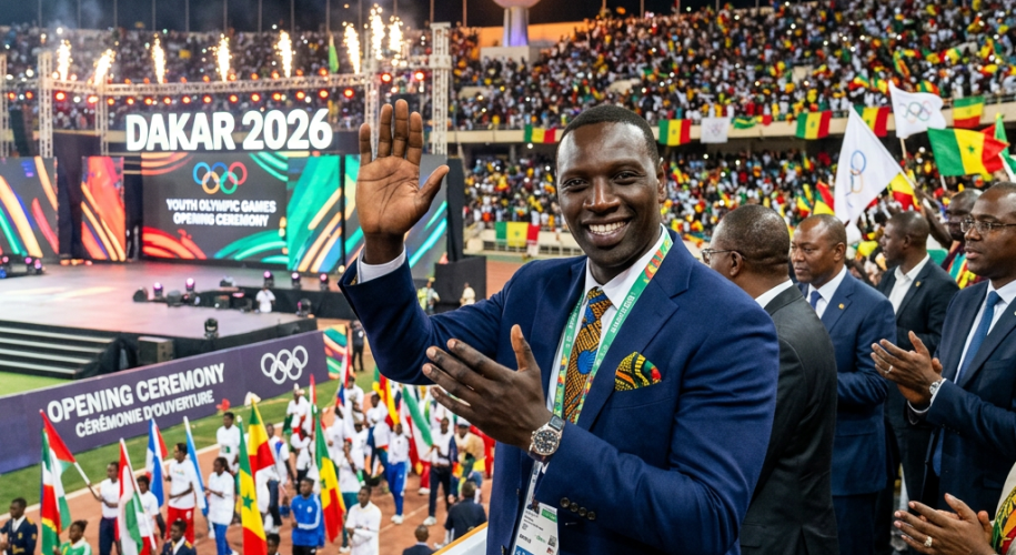 Man in blue suit waving at crowd during Dakar 2026 Youth Olympic Games opening ceremony