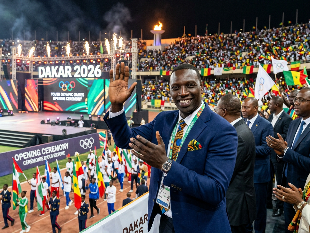 Man in blue suit waving at crowd during Dakar 2026 Youth Olympic Games opening ceremony