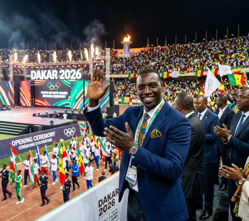 Man in blue suit waving at crowd during Dakar 2026 Youth Olympic Games opening ceremony