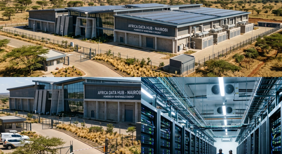 Exterior of Africa Data Hub Nairobi building and interior rows of servers with two staff members walking