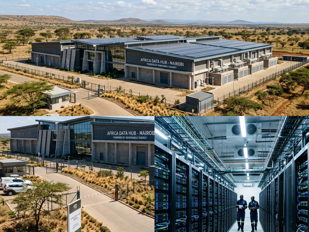 Exterior of Africa Data Hub Nairobi building and interior rows of servers with two staff members walking