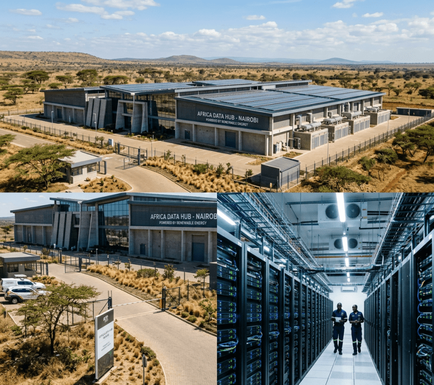 Exterior of Africa Data Hub Nairobi building and interior rows of servers with two staff members walking