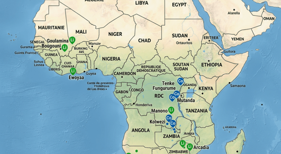 Map of Africa highlighting major lithium and cobalt mines and deposits by country
