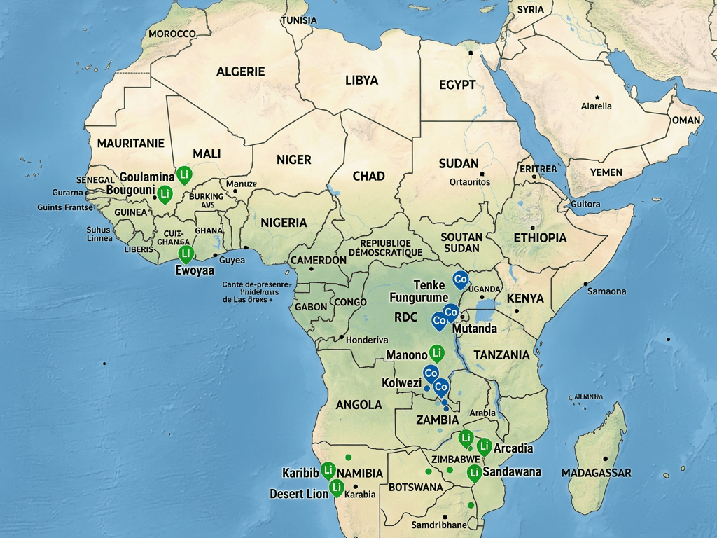 Map of Africa highlighting major lithium and cobalt mines and deposits by country