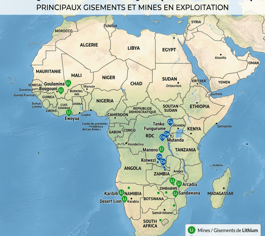 Map of Africa highlighting major lithium and cobalt mines and deposits by country