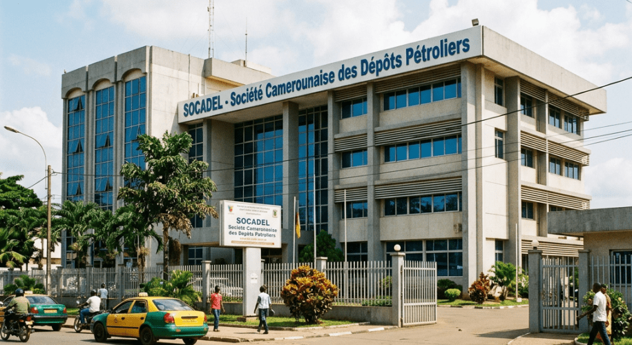 SOCADEL Société Camerounaise des Dépôts Pétroliers office building with people and cars outside