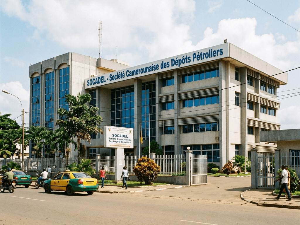 SOCADEL Société Camerounaise des Dépôts Pétroliers office building with people and cars outside