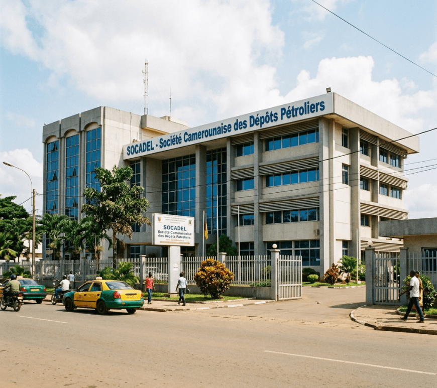 SOCADEL Société Camerounaise des Dépôts Pétroliers office building with people and cars outside