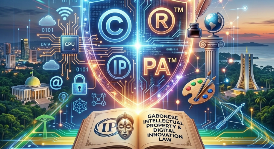 Symbolic shield with copyright, trademark, patent icons over Gabon landmarks and digital elements