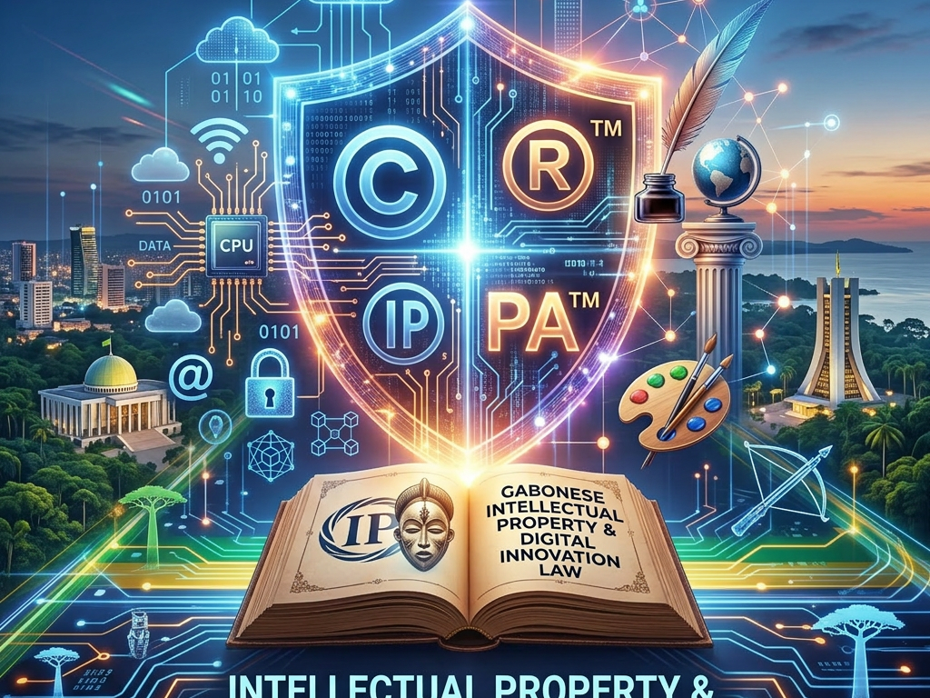 Symbolic shield with copyright, trademark, patent icons over Gabon landmarks and digital elements