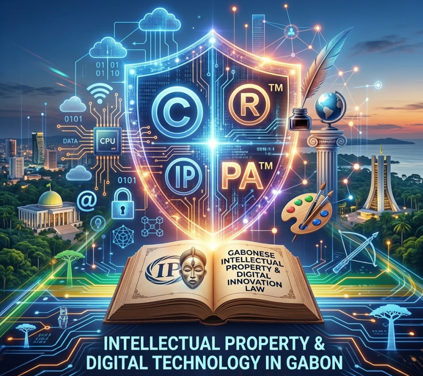 Symbolic shield with copyright, trademark, patent icons over Gabon landmarks and digital elements