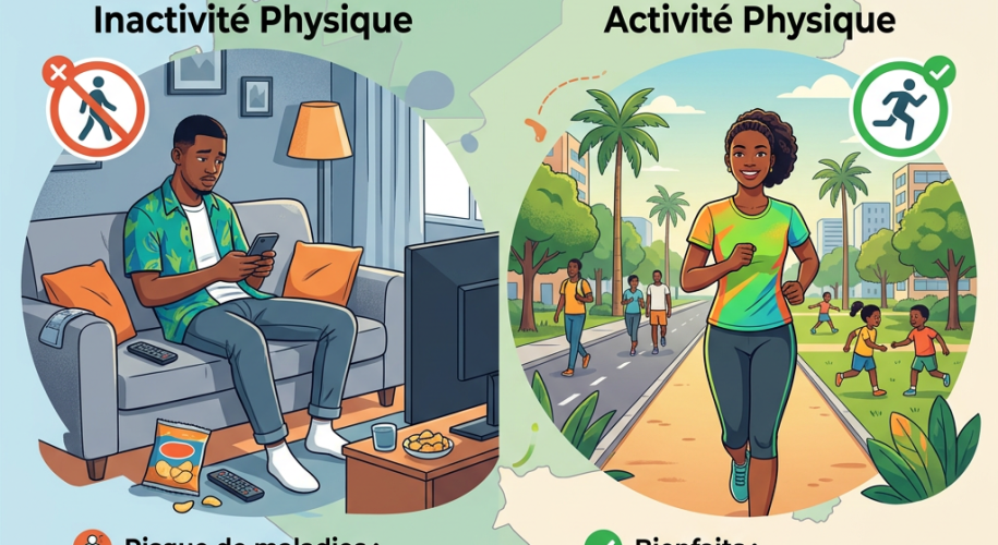 Illustration comparing physical inactivity with physical activity showing health risks and benefits in Gabon