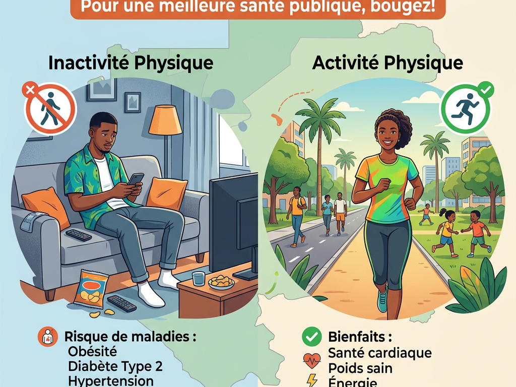 Illustration comparing physical inactivity with physical activity showing health risks and benefits in Gabon