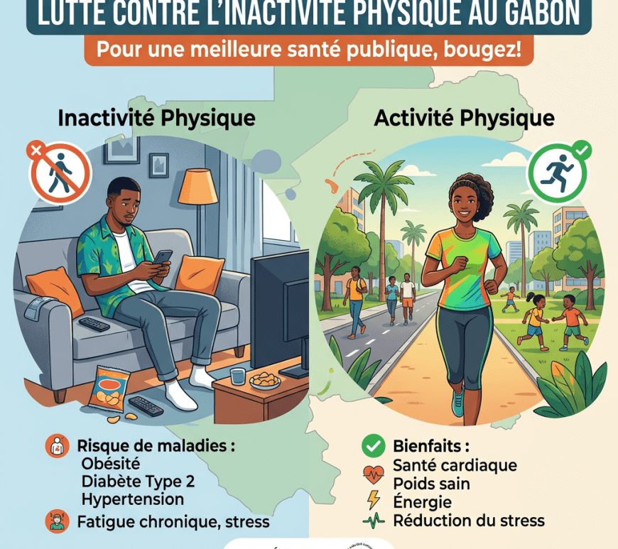 Illustration comparing physical inactivity with physical activity showing health risks and benefits in Gabon