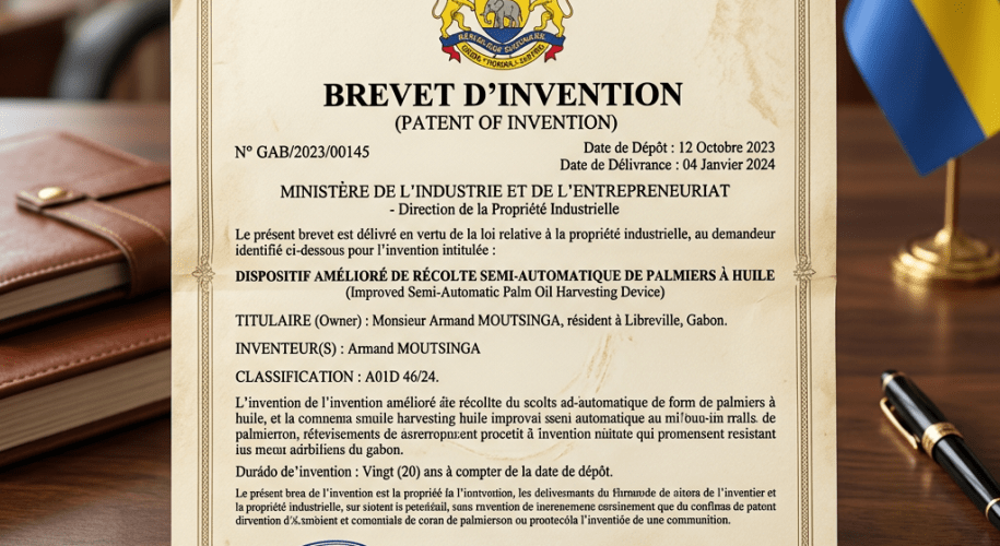 Patent certificate issued by the Gabonese government for an improved semi-automatic palm oil harvesting device