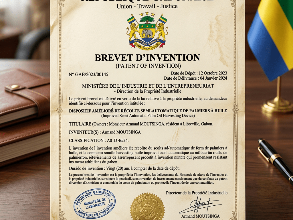Patent certificate issued by the Gabonese government for an improved semi-automatic palm oil harvesting device
