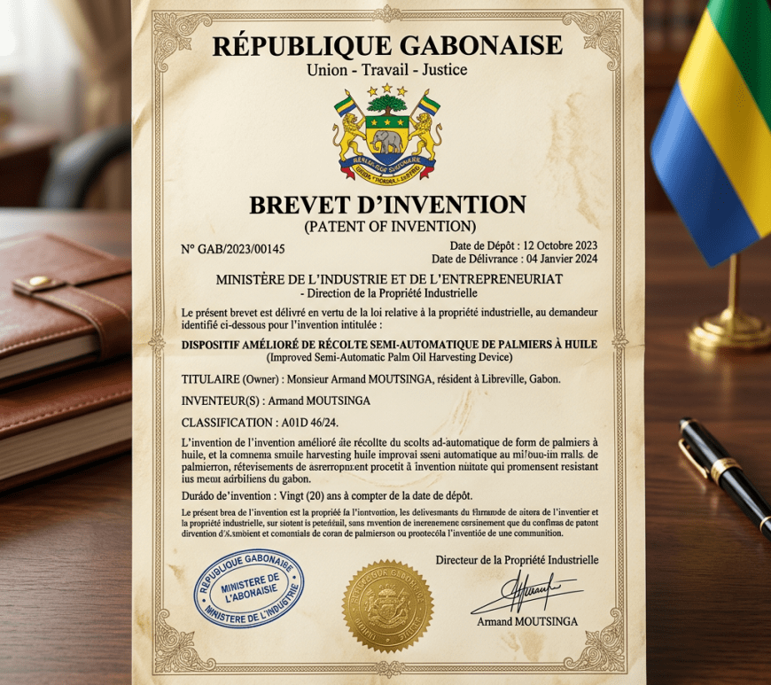 Patent certificate issued by the Gabonese government for an improved semi-automatic palm oil harvesting device
