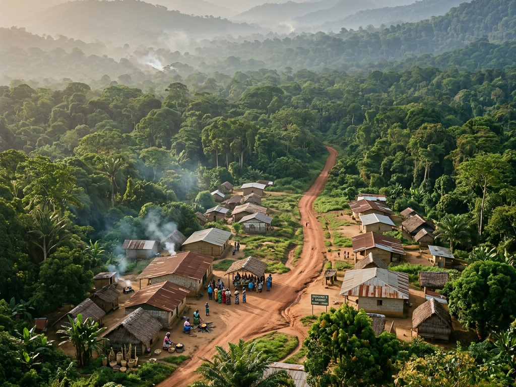 A small village with houses and people along a dirt road in a dense forest area
