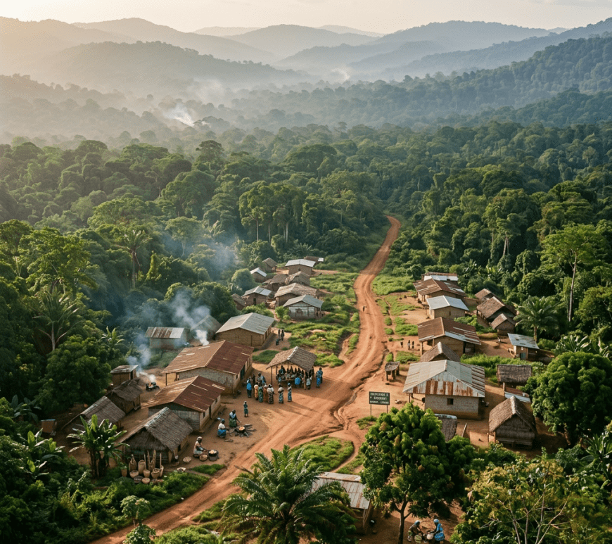 A small village with houses and people along a dirt road in a dense forest area