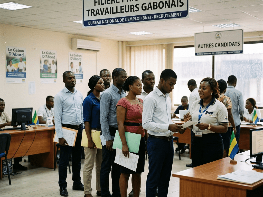 People queuing at Gabon employment office under priority workers sign