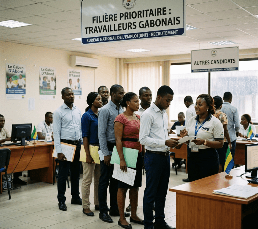 People queuing at Gabon employment office under priority workers sign