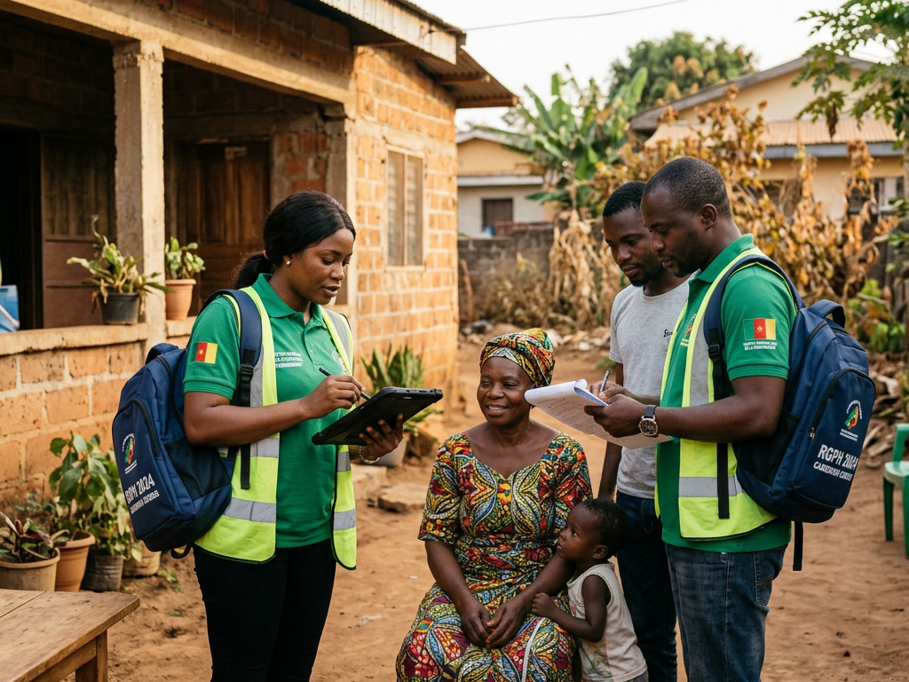 Two community health workers talking to a seated woman and child outside a brick house